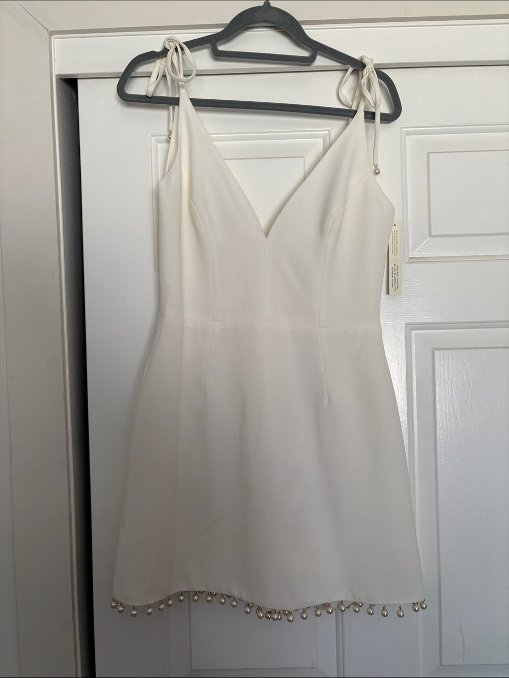 Women’s White Tie-Shoulder Mini Dress with Pearl Trim